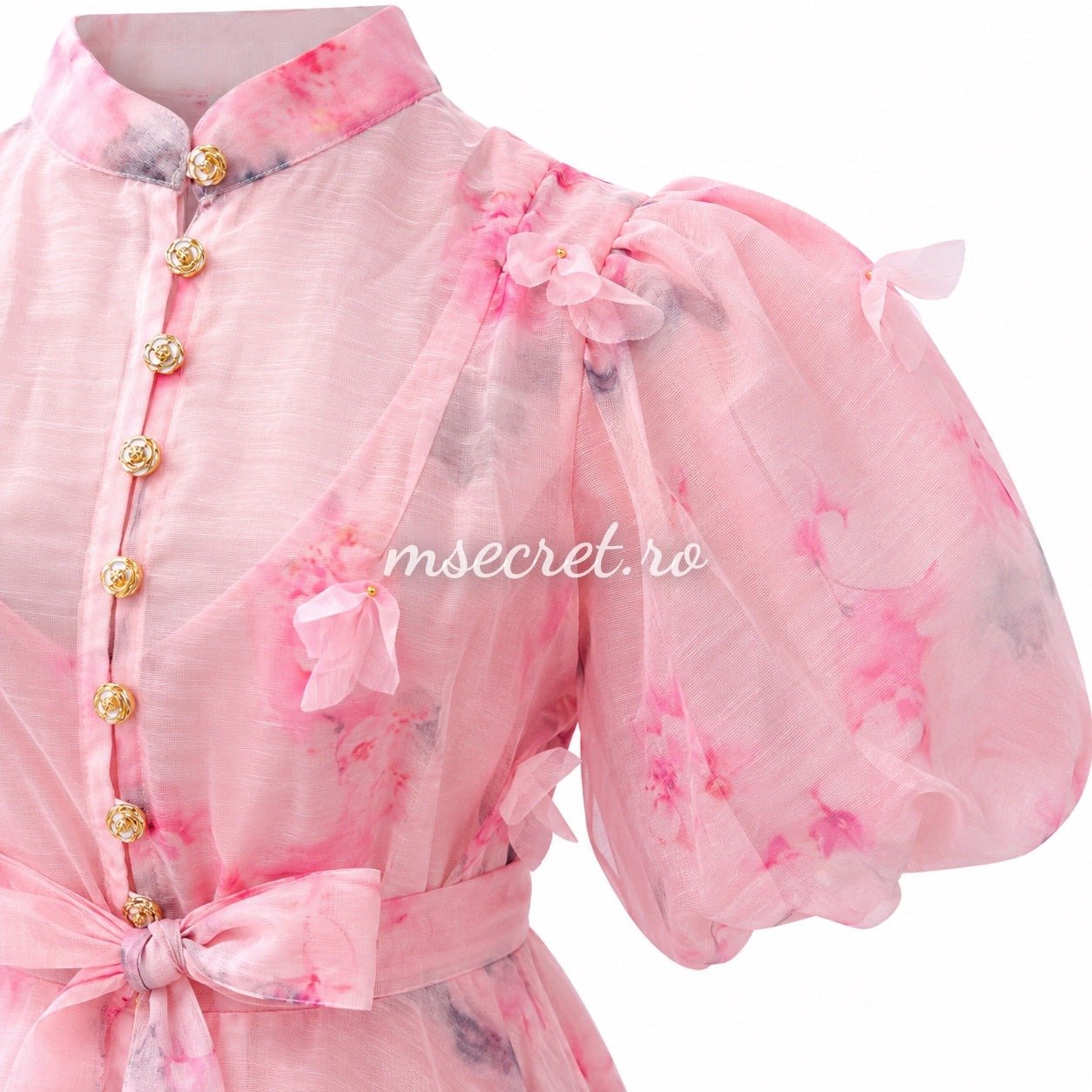 Pink short linen dress with 3D appliqués