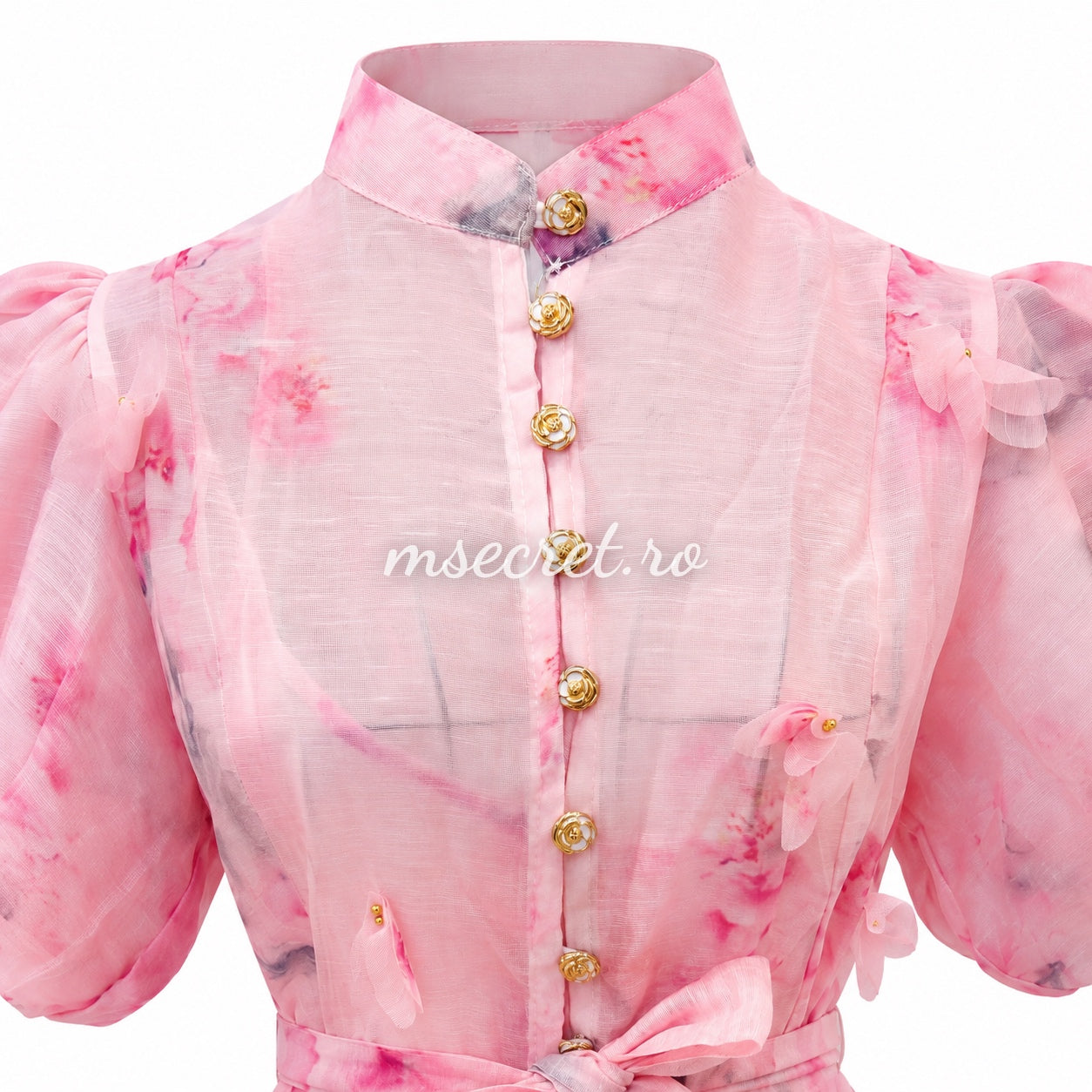 Pink short linen dress with 3D appliqués