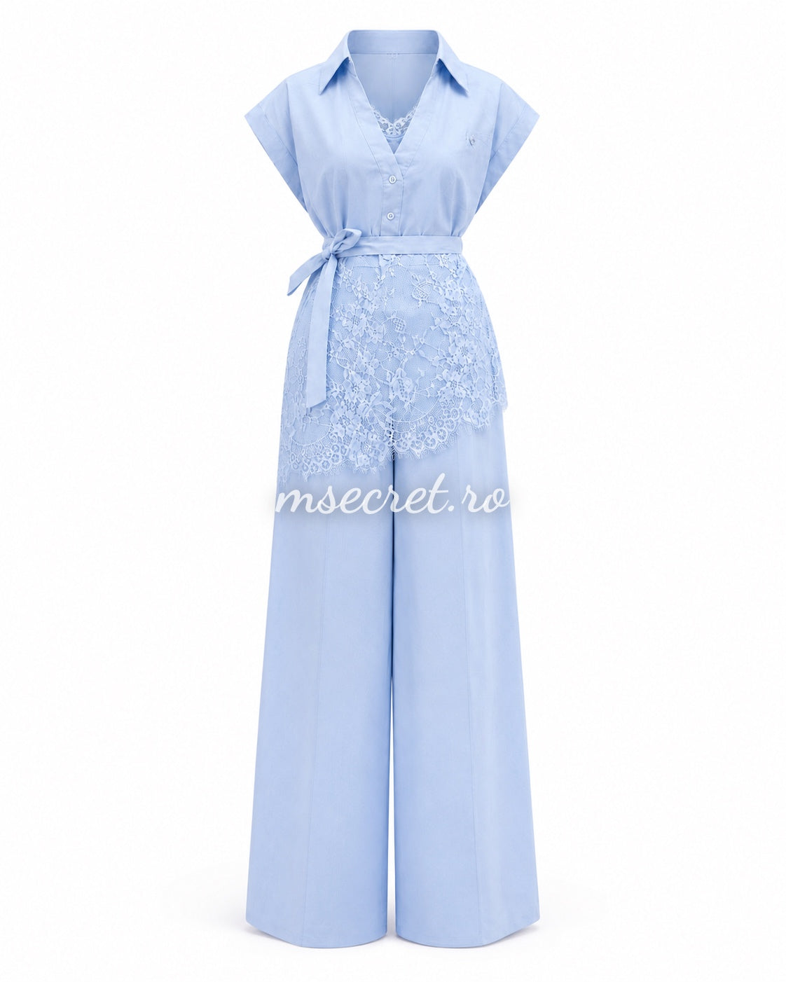 Blue linen set with lace and wide-leg pants