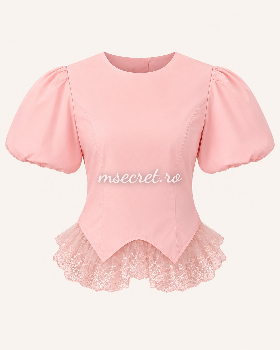 Pink shirt with puffed sleeves and embroidered tulle detail