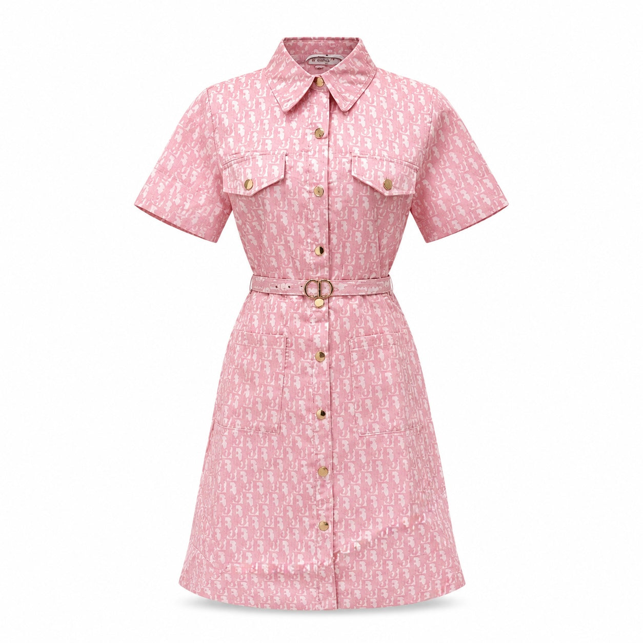 Rochie tip camasa roz cu imprimeu monogram si detalii aurii