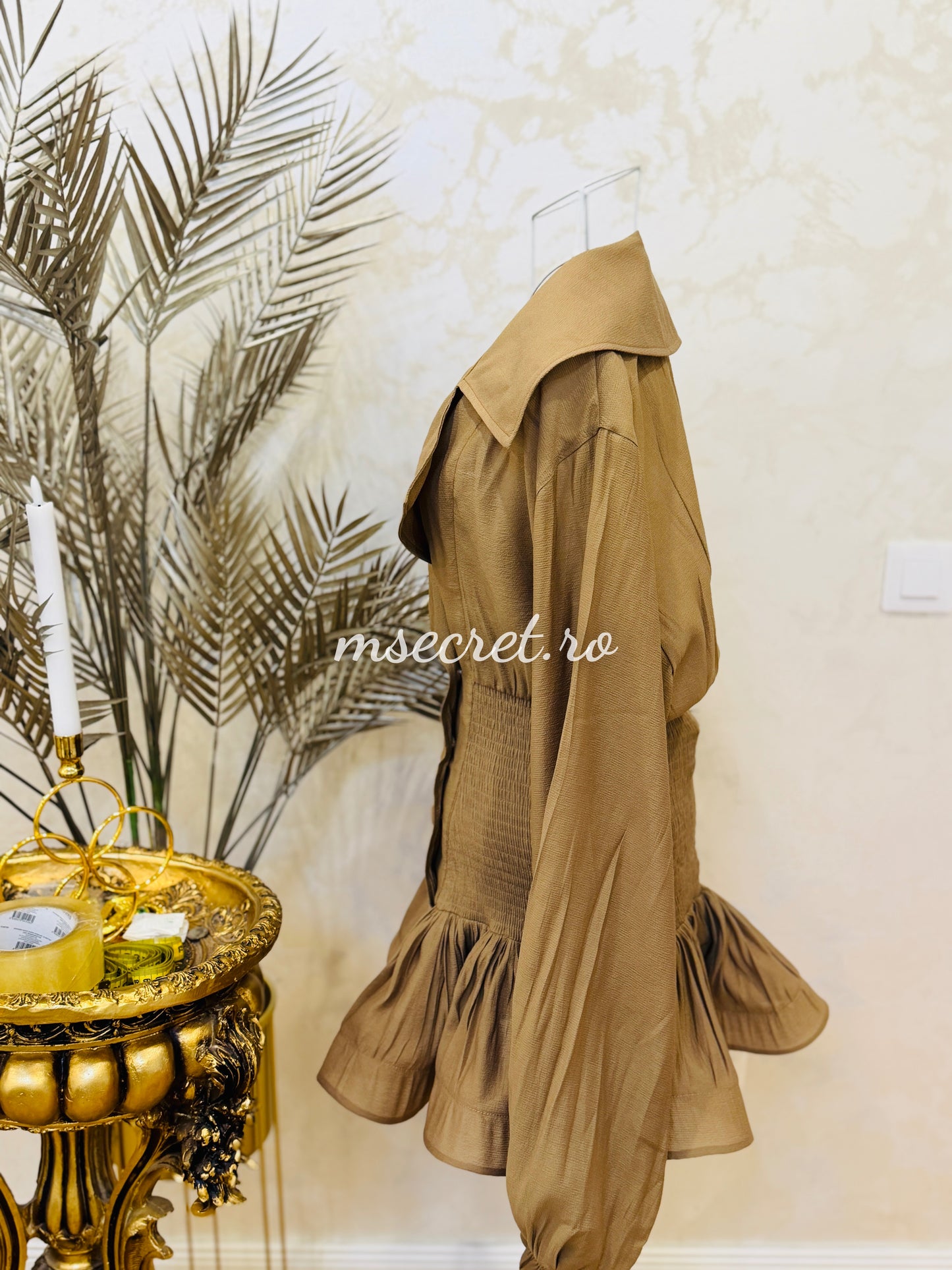 Cappuccino satin chiffon dress with a skirt and jacket-style top