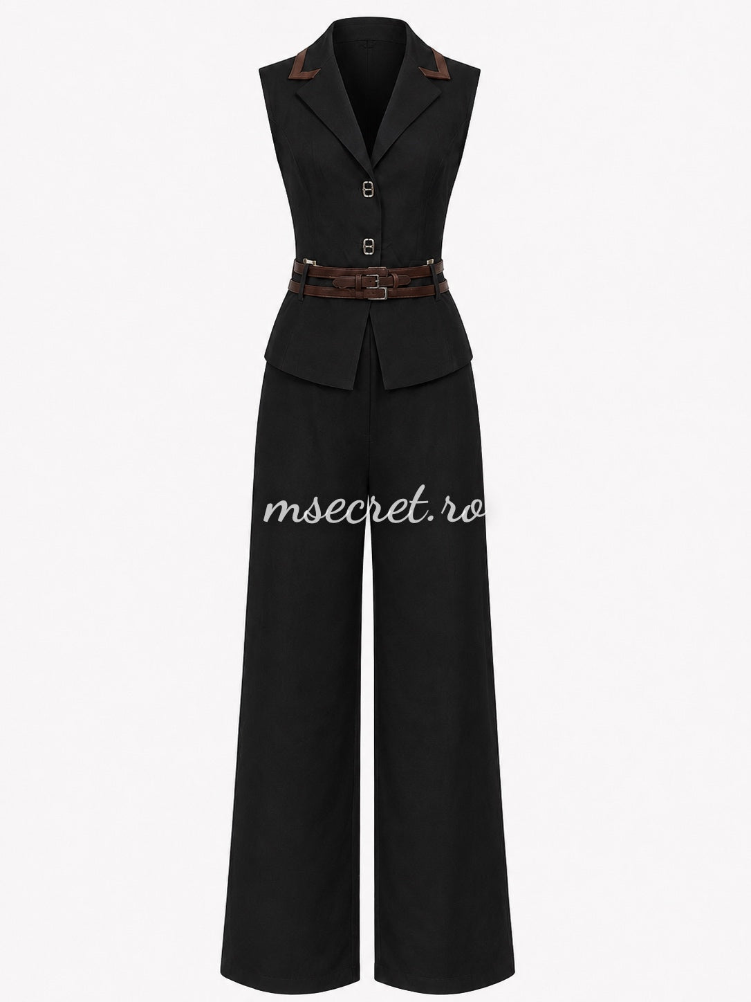Compleu din in negru cu pantaloni palazzo