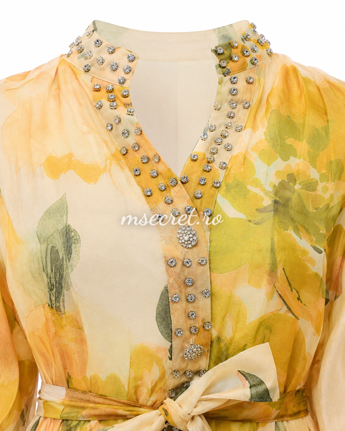 Yellow linen and silk dress with floral print