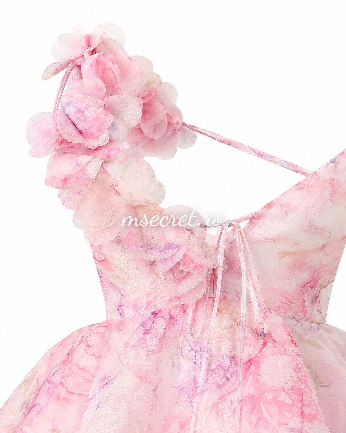 Rochie roz cu imprimeu floral si aplicatii 3D