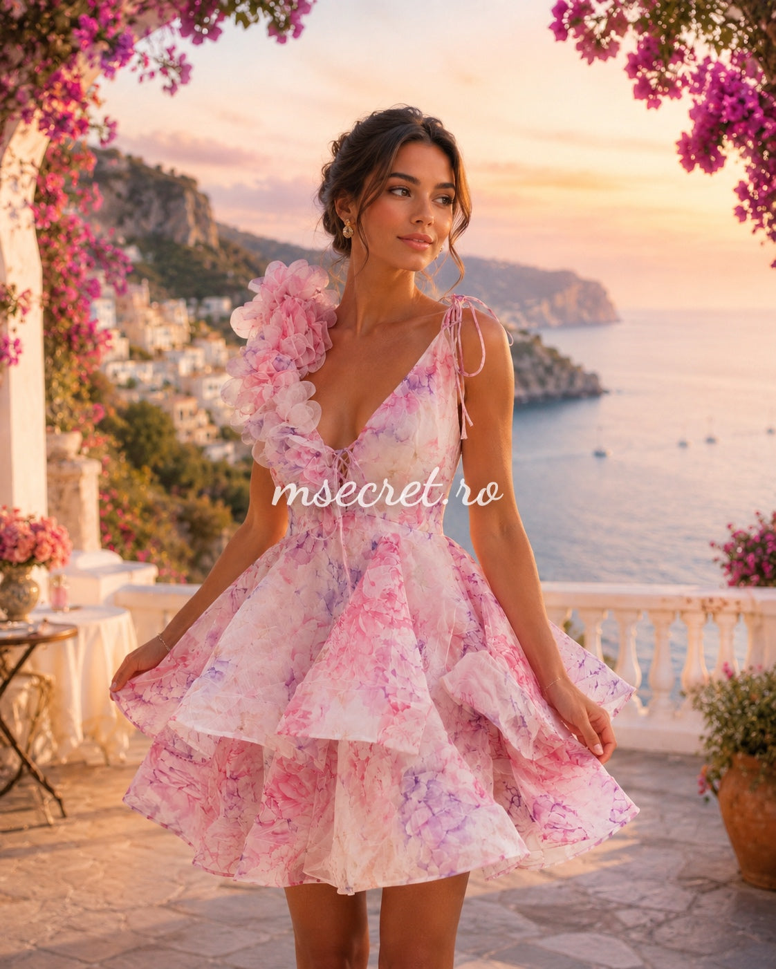Rochie roz cu imprimeu floral si aplicatii 3D