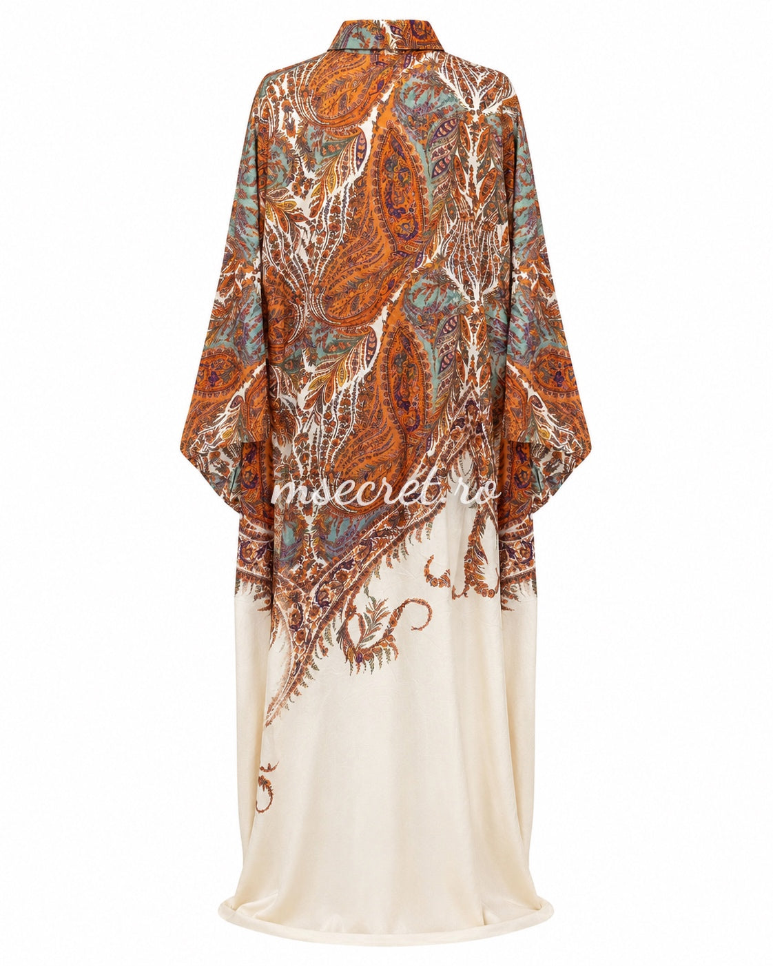 Rochie vaporoasa cu imprimeu paisley si croi tip kaftan