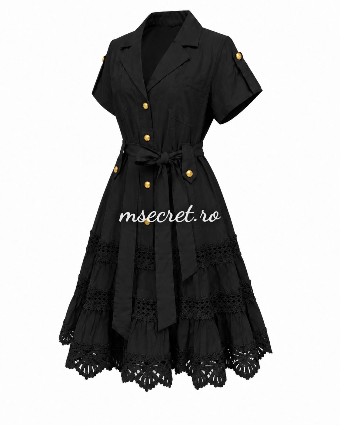 Black shirt dress with waist tie and lace inserts