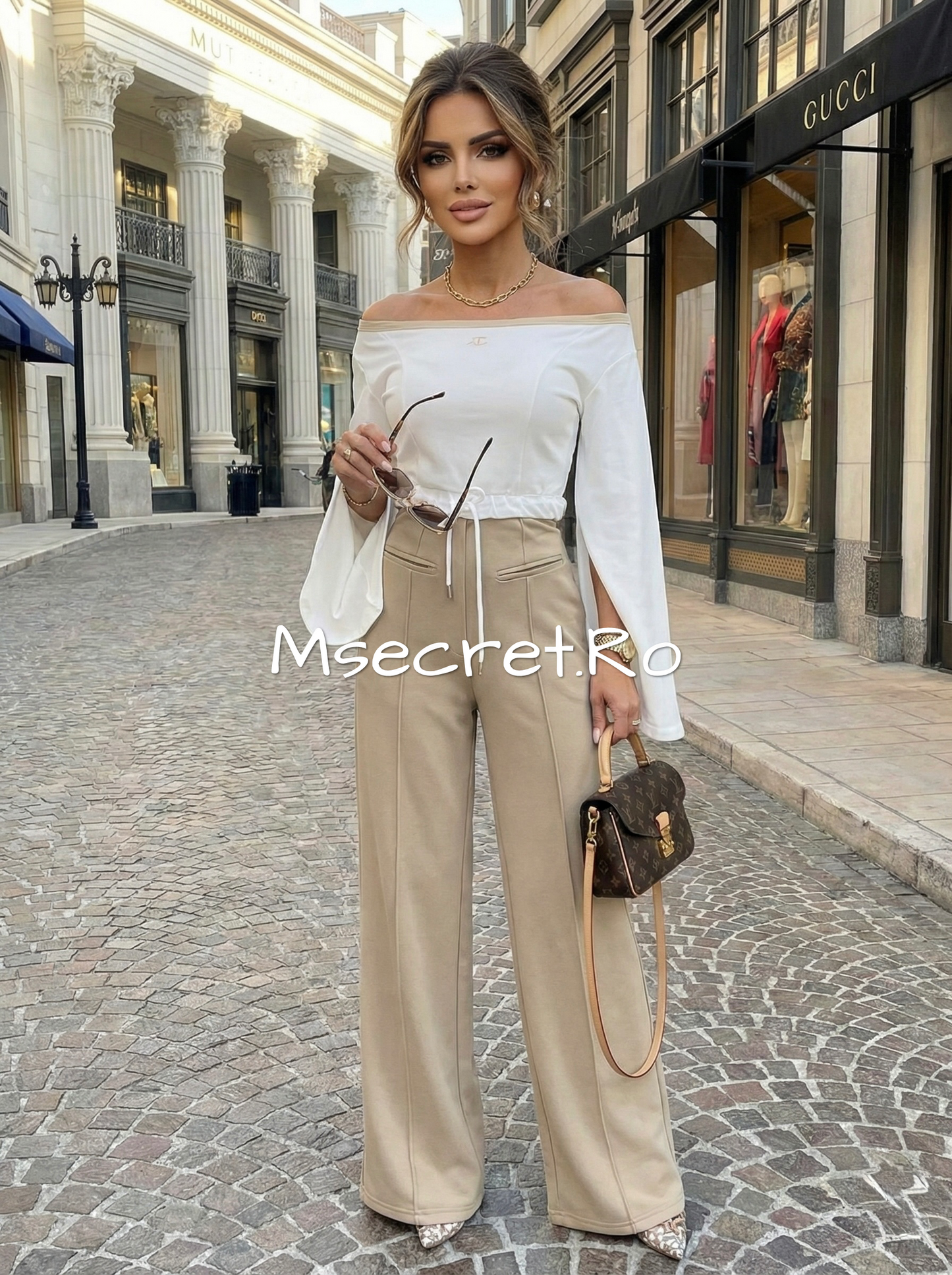 Cream set with blouse and flared trousers