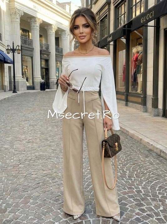 Compleu crem cu bluza si pantaloni evazato