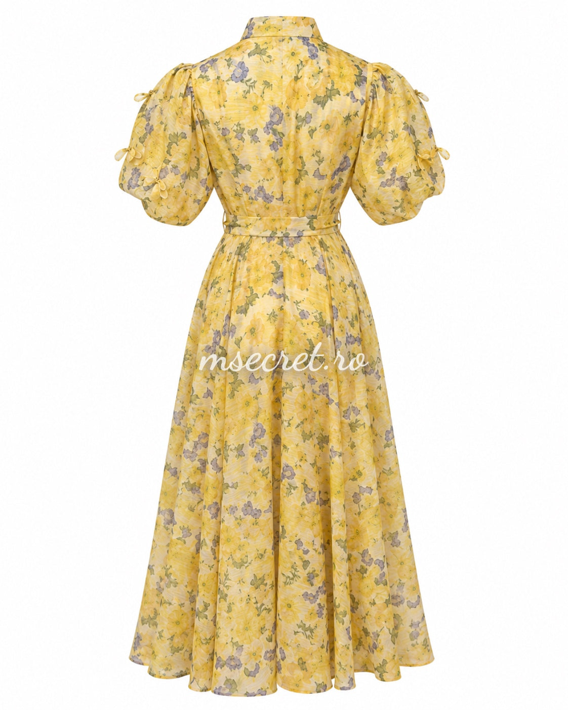 Rochie din in cu imprimeu floral galbena si maneci bufante