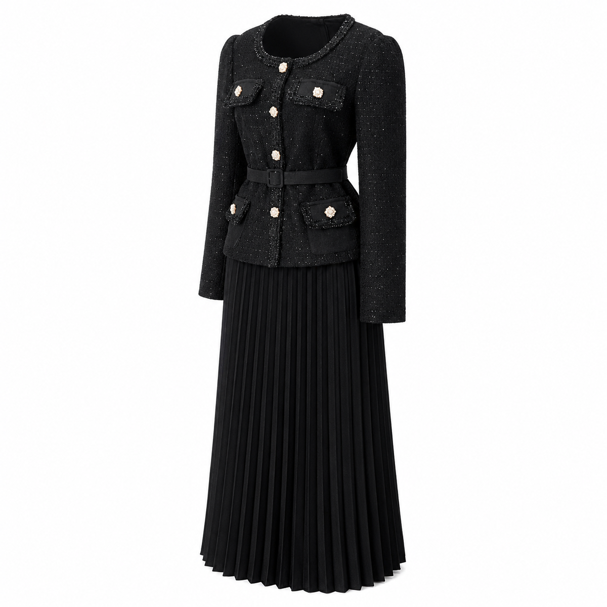 Rochie neagra din tweed cu cristale
