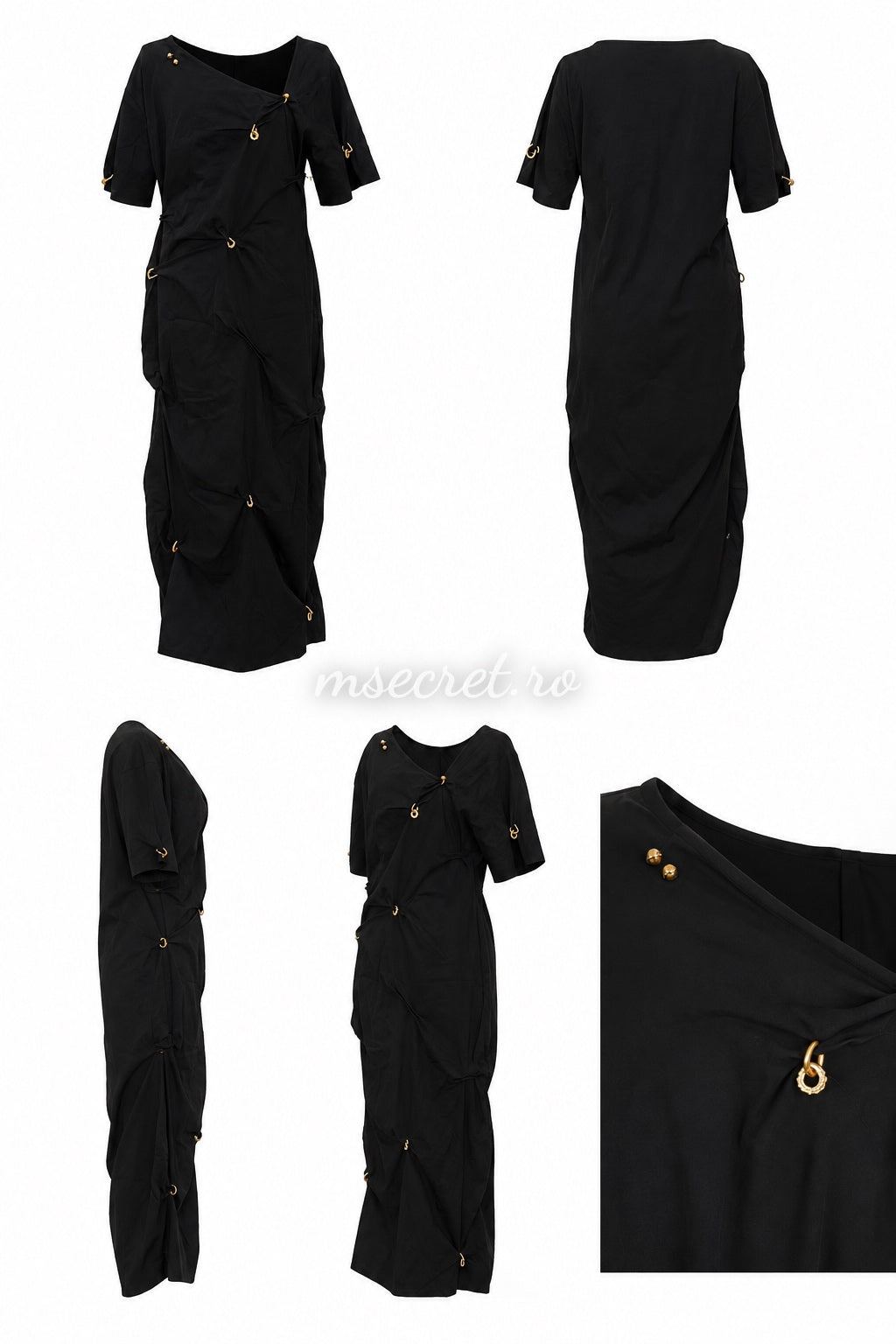 Rochie neagra eleganta midi cu drapaje si accesorii metalice