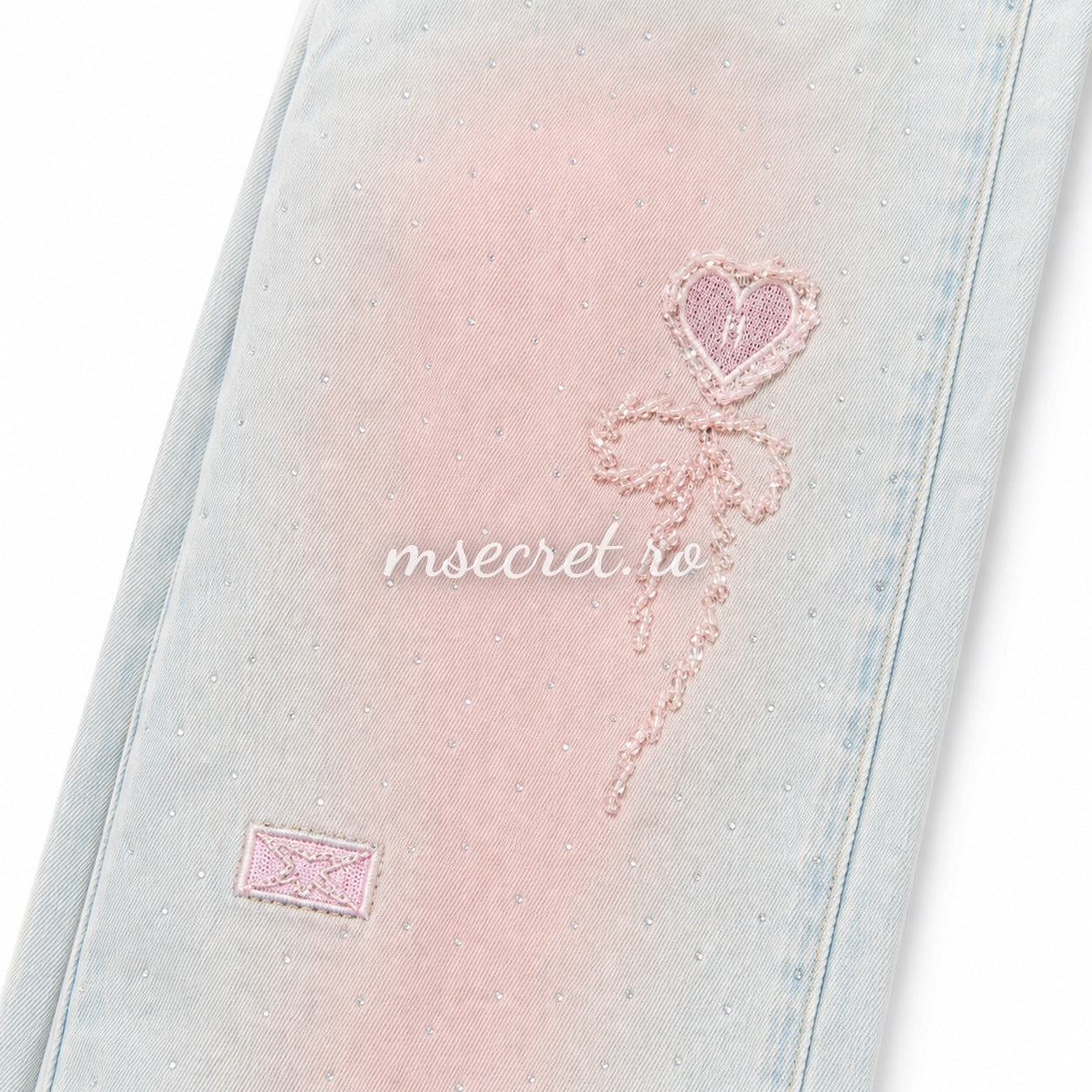 Blugi wide leg cu strasuri si insertii roz decorative