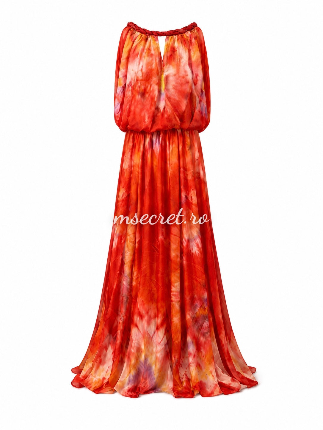 Rochie lunga rosie tie-dye cu decolteu Bardot