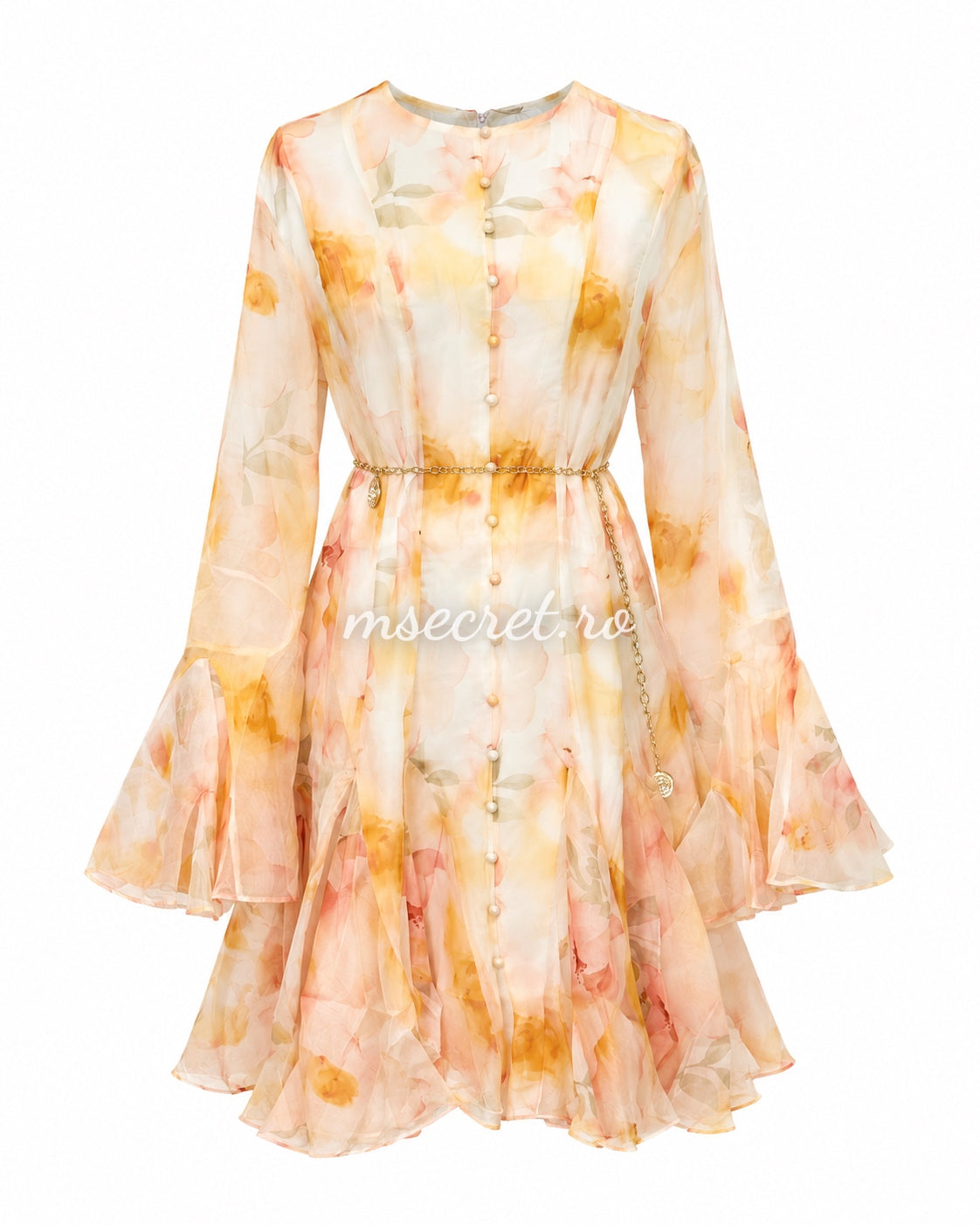 Rochie vaporoasa cu imprimeu floral pastel si lant decorativ auriu