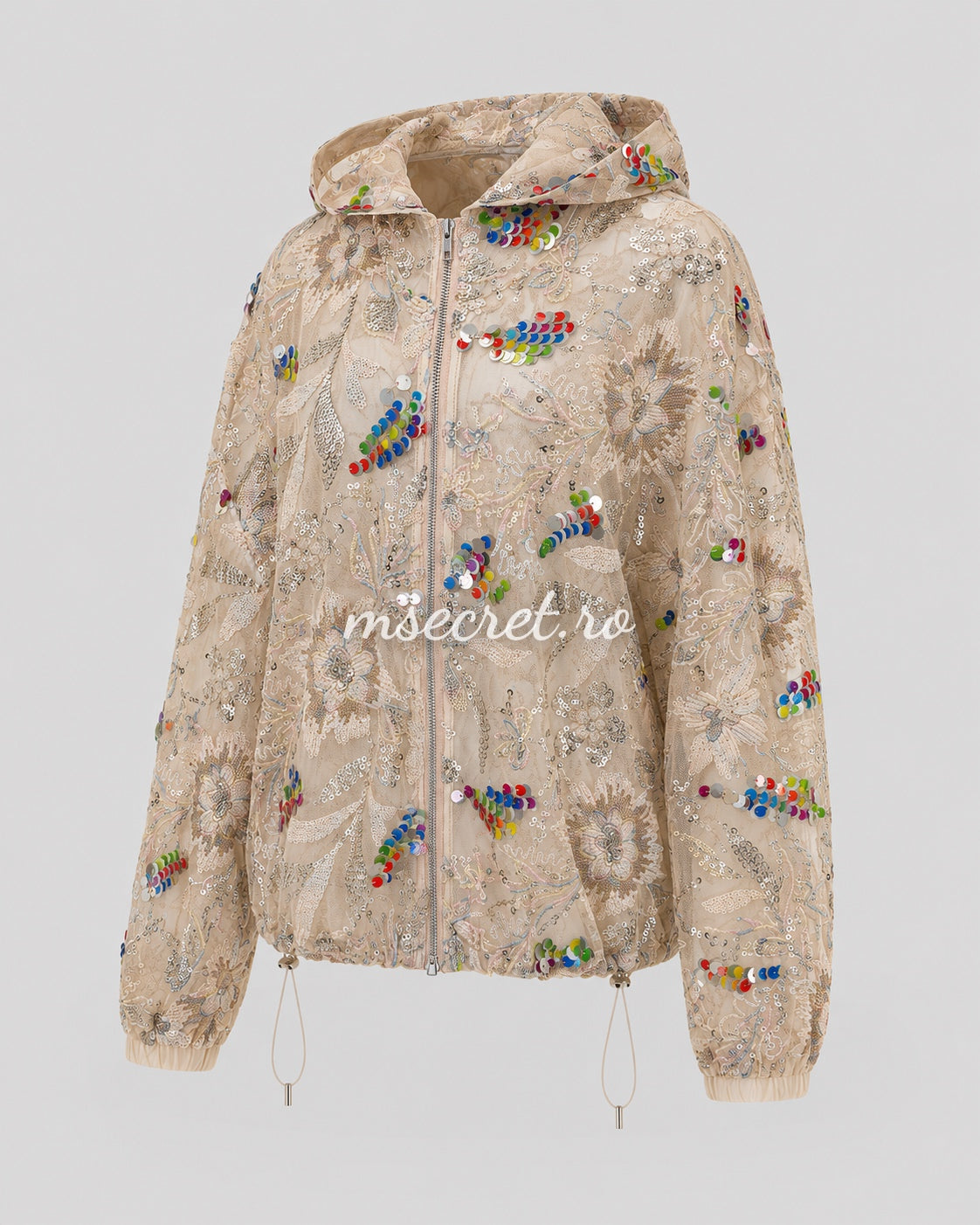 Jacheta bej cu broderie florala si paiete multicolore