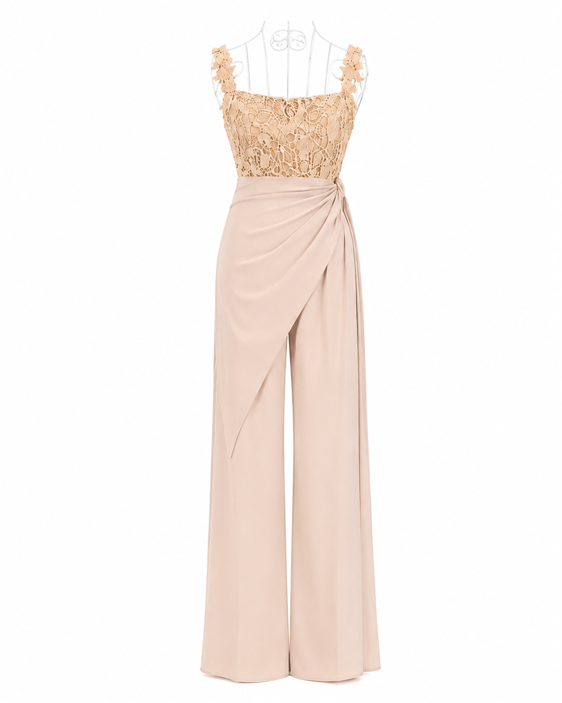 Compleu elegant bej cu top din dantela si pantaloni palazzo