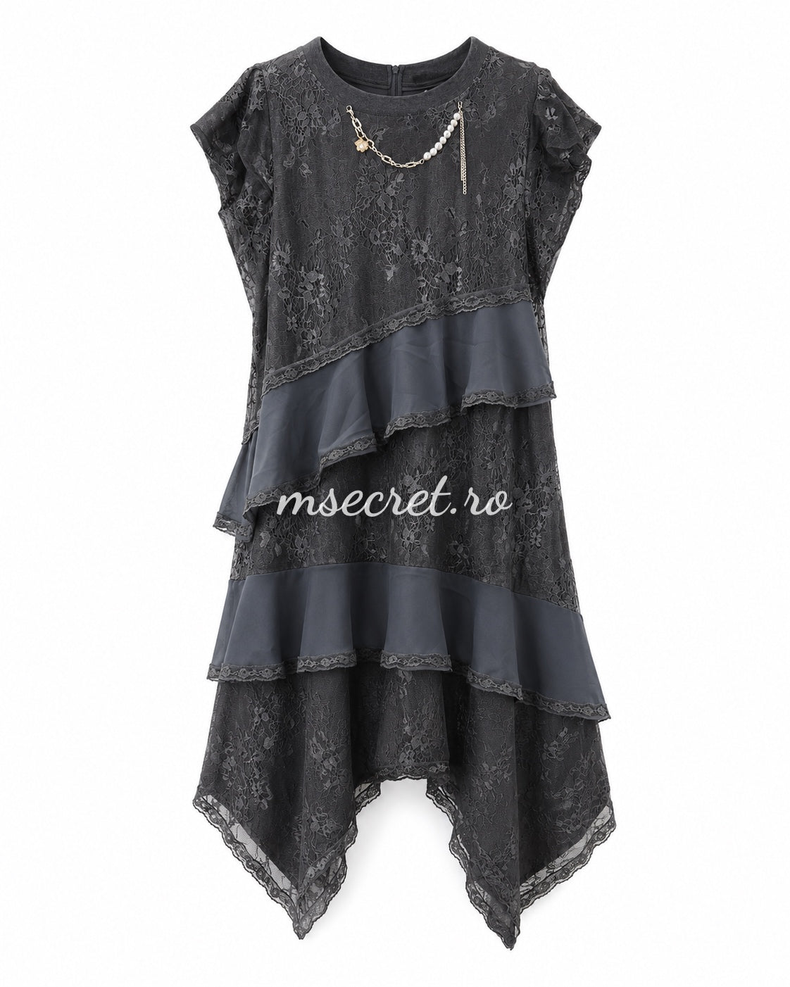 Rochie asimetrica din dantela gri antracit cu volane