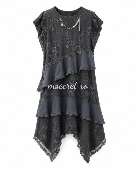 Rochie asimetrica din dantela gri antracit cu volane