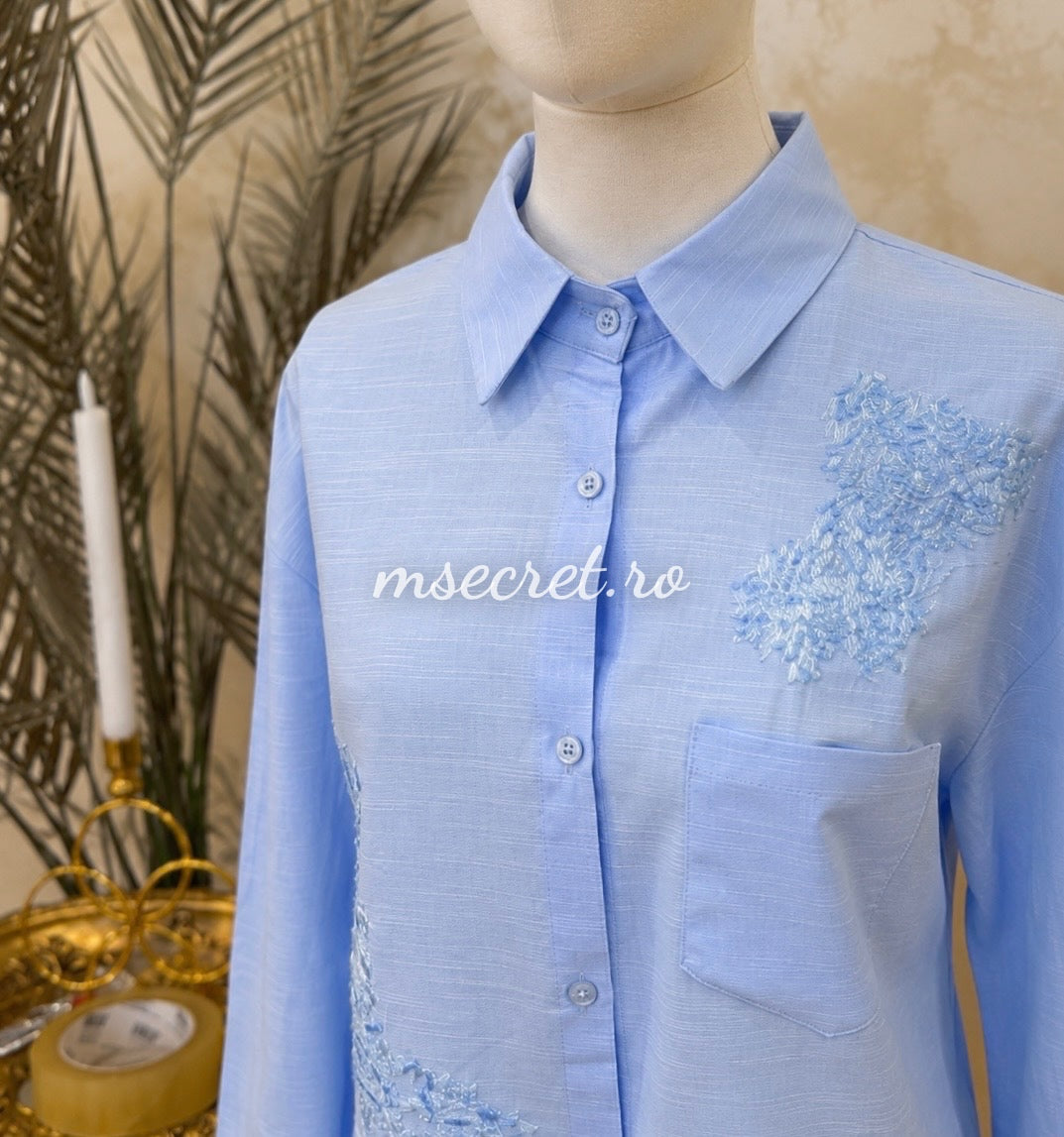 Compleu din in bleu cu broderie camasa si pantaloni largi