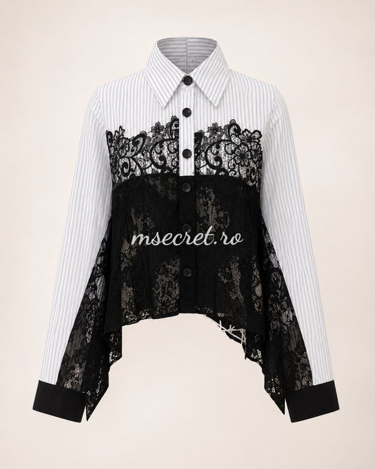 Shirt with fine stripes and black lace inserts