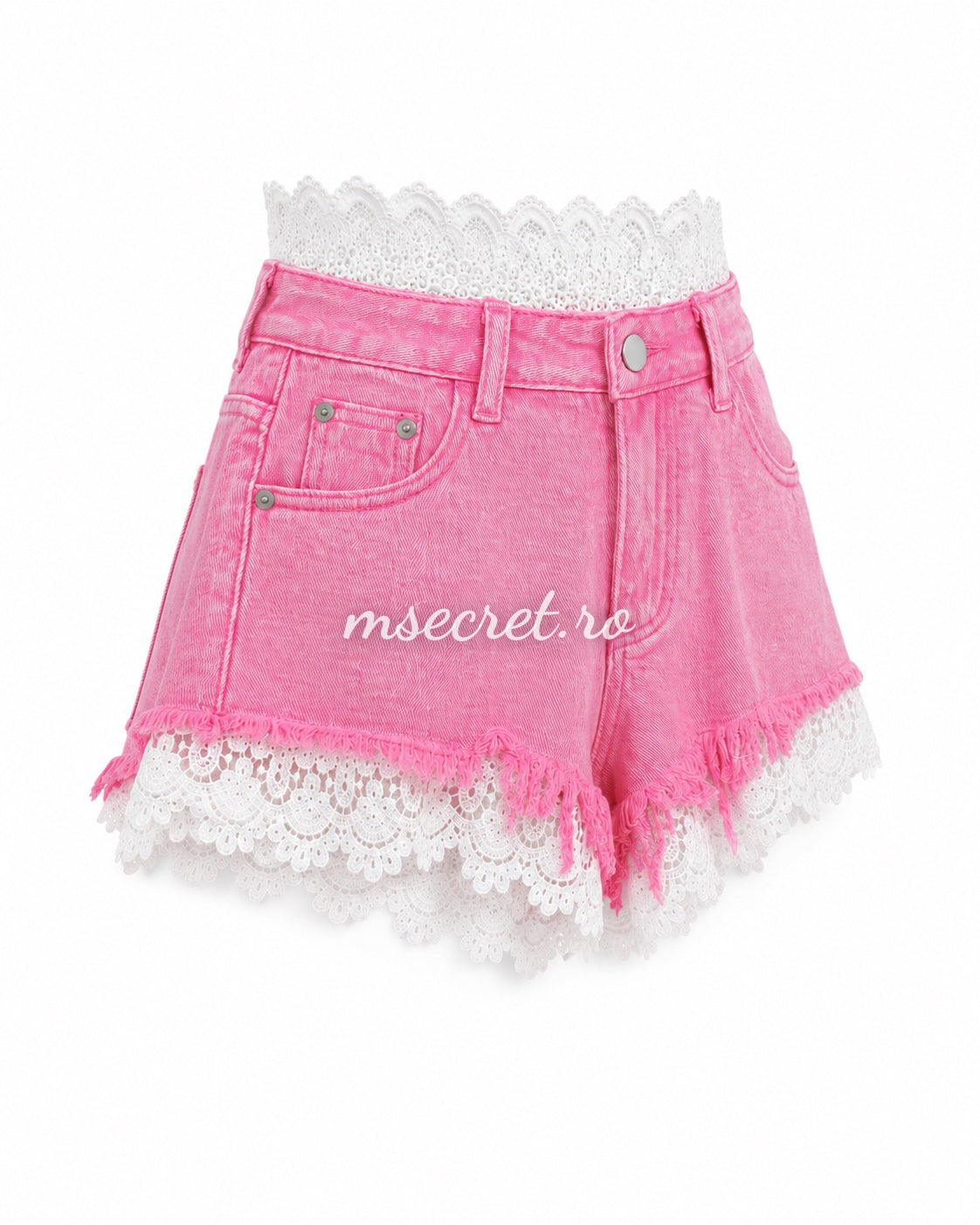 Pink denim shorts with white lace