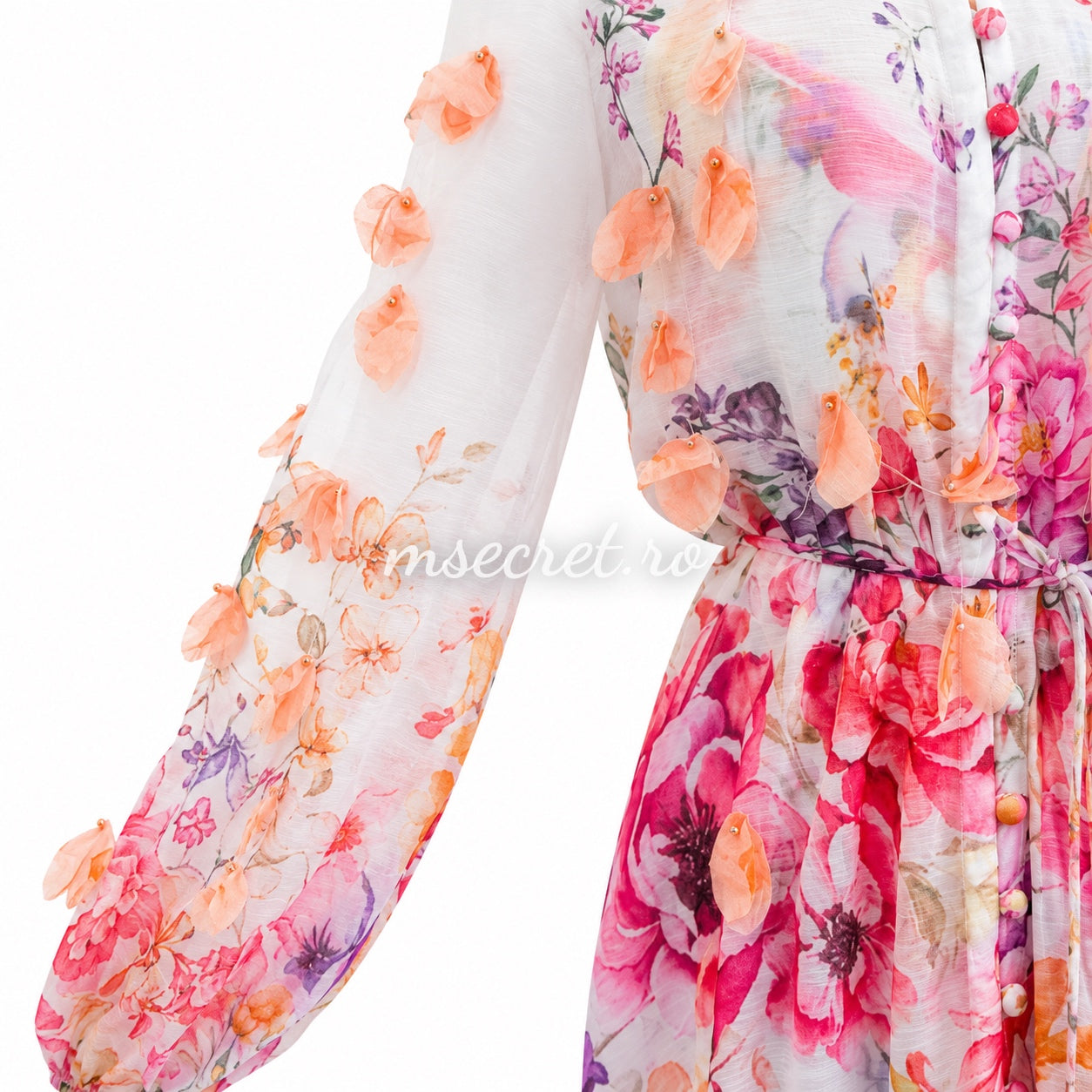 Rochie roz din in cu imprimeu floral și aplicații 3D