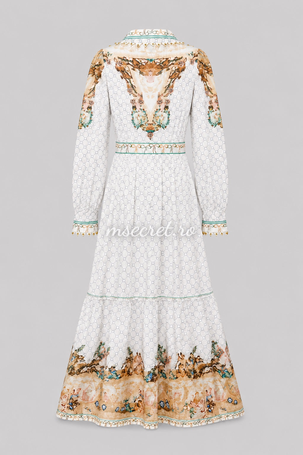 Rochie lunga alba din in cu broderie si imprimeu floral Masa