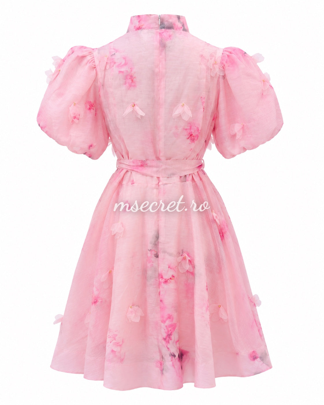 Pink short linen dress with 3D appliqués