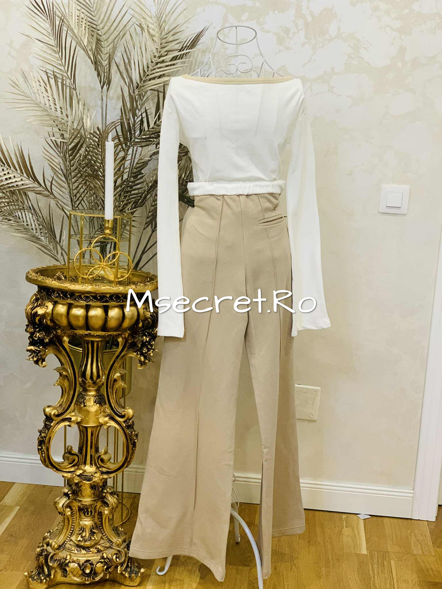 Cream set with blouse and flared trousers