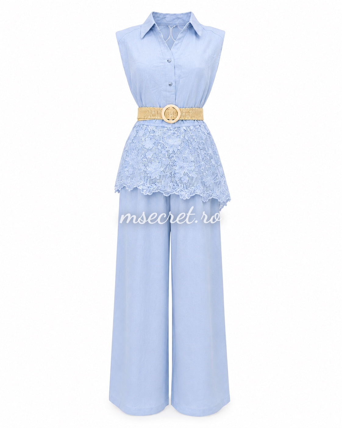 Compleu blue din in cu pantaloni largi si dantela