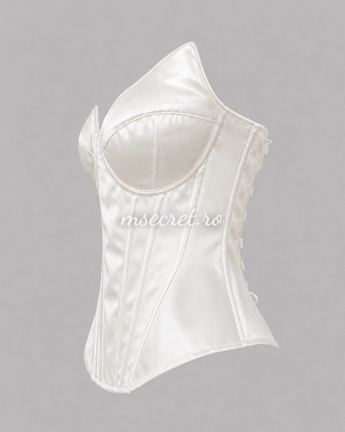 White satin corset with contoured cups and sculptural design