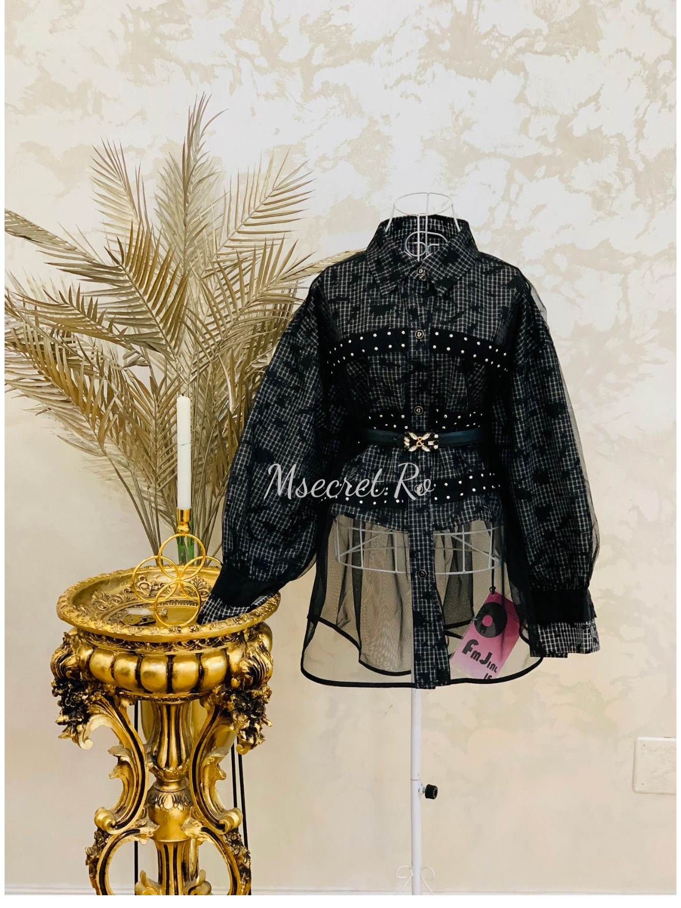 Camasa neagra statement cu tulle si aplicatii metalice