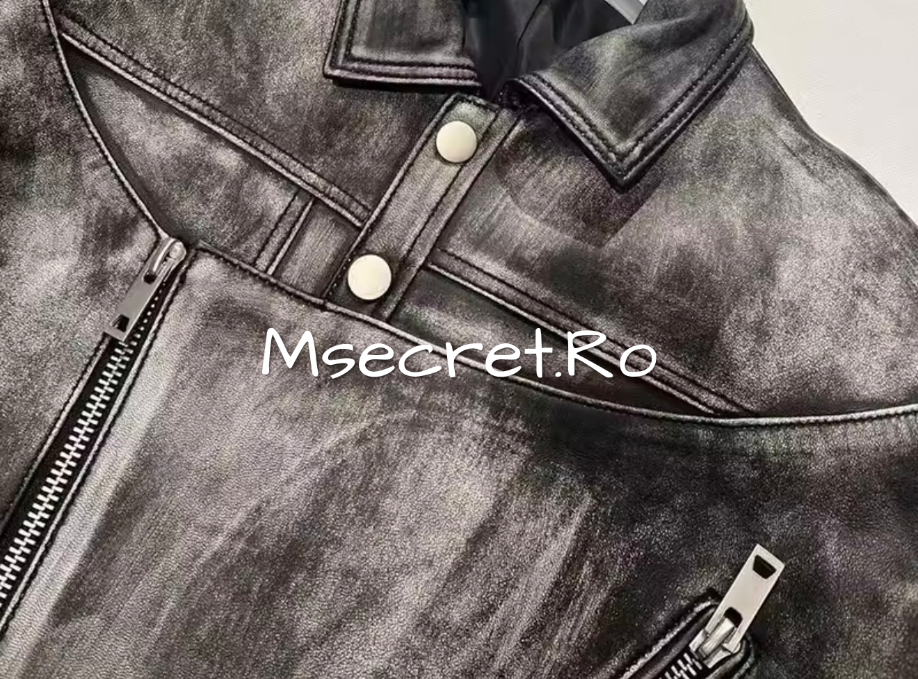 Geaca din piele naturala gri model biker premium, efect vintage