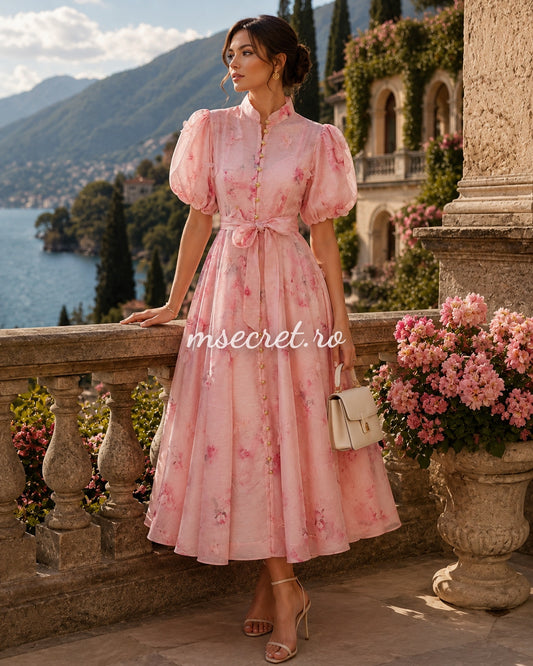 Rochie din in cu imprimeu floral roz si maneci bufante