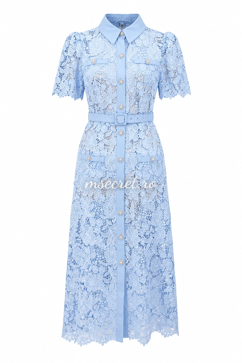 Rochie blue din dantela eleganta cu guler si cordon in talie