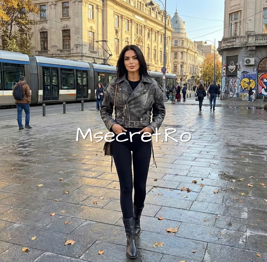 Premium gray genuine leather biker jacket, vintage effect