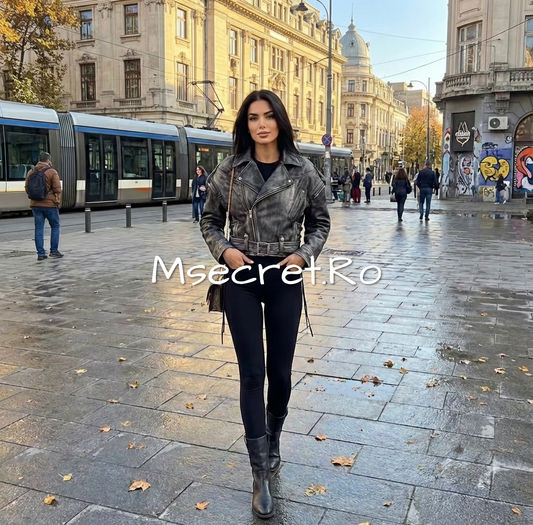 Geaca din piele naturala gri model biker premium, efect vintage