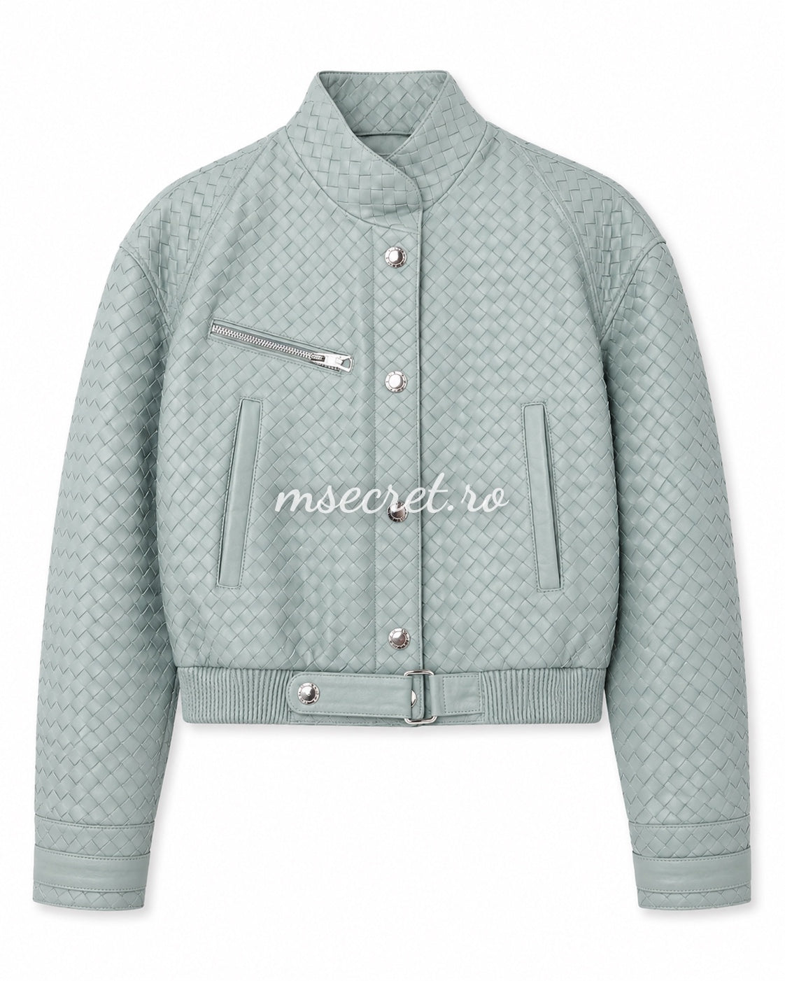 Geaca scurta din piele naturala verde menta cu textura impletita