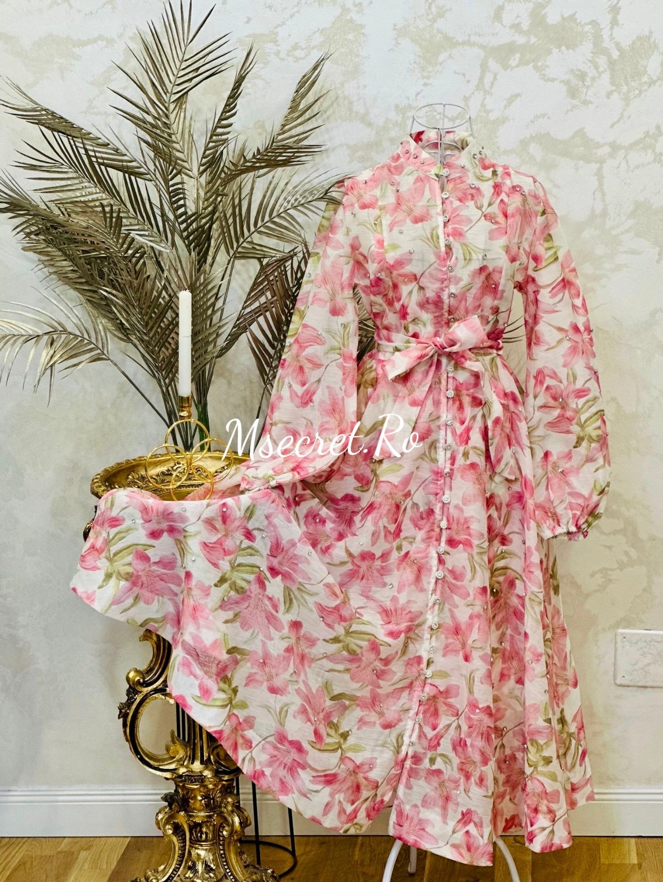 Rochie maxi din in cu imprimeu floral roz