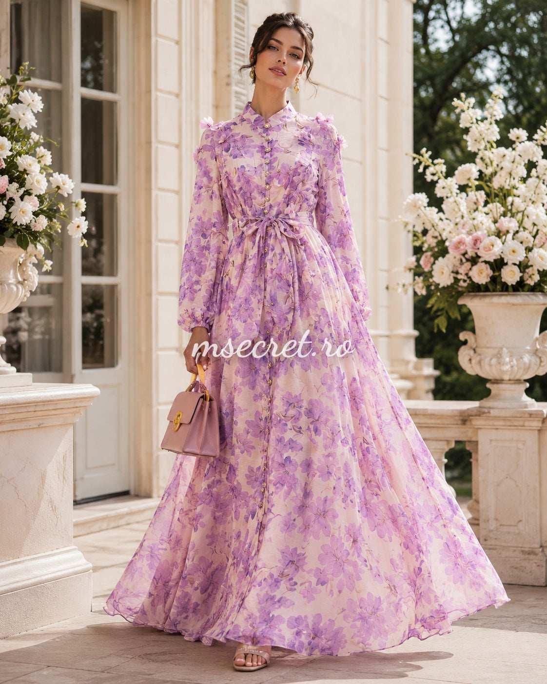 Long purple linen dress with floral print and 3D appliques