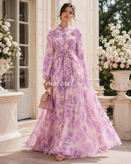 Rochie lungă mov din in cu imprimeu floral și aplicații 3D