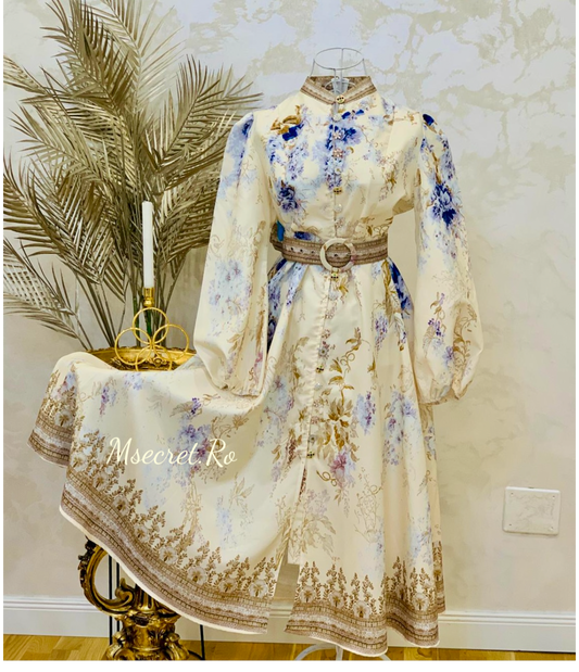 Rochie midi din in cu maneca lunga Blue