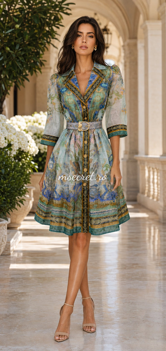 Rochie verde din in cu imprimeu floral