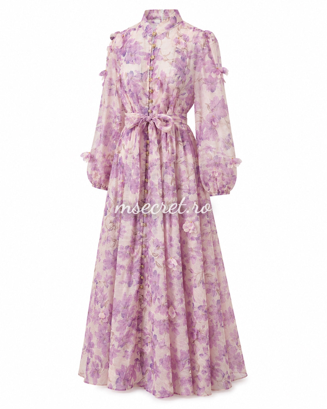 Long purple linen dress with floral print and 3D appliques