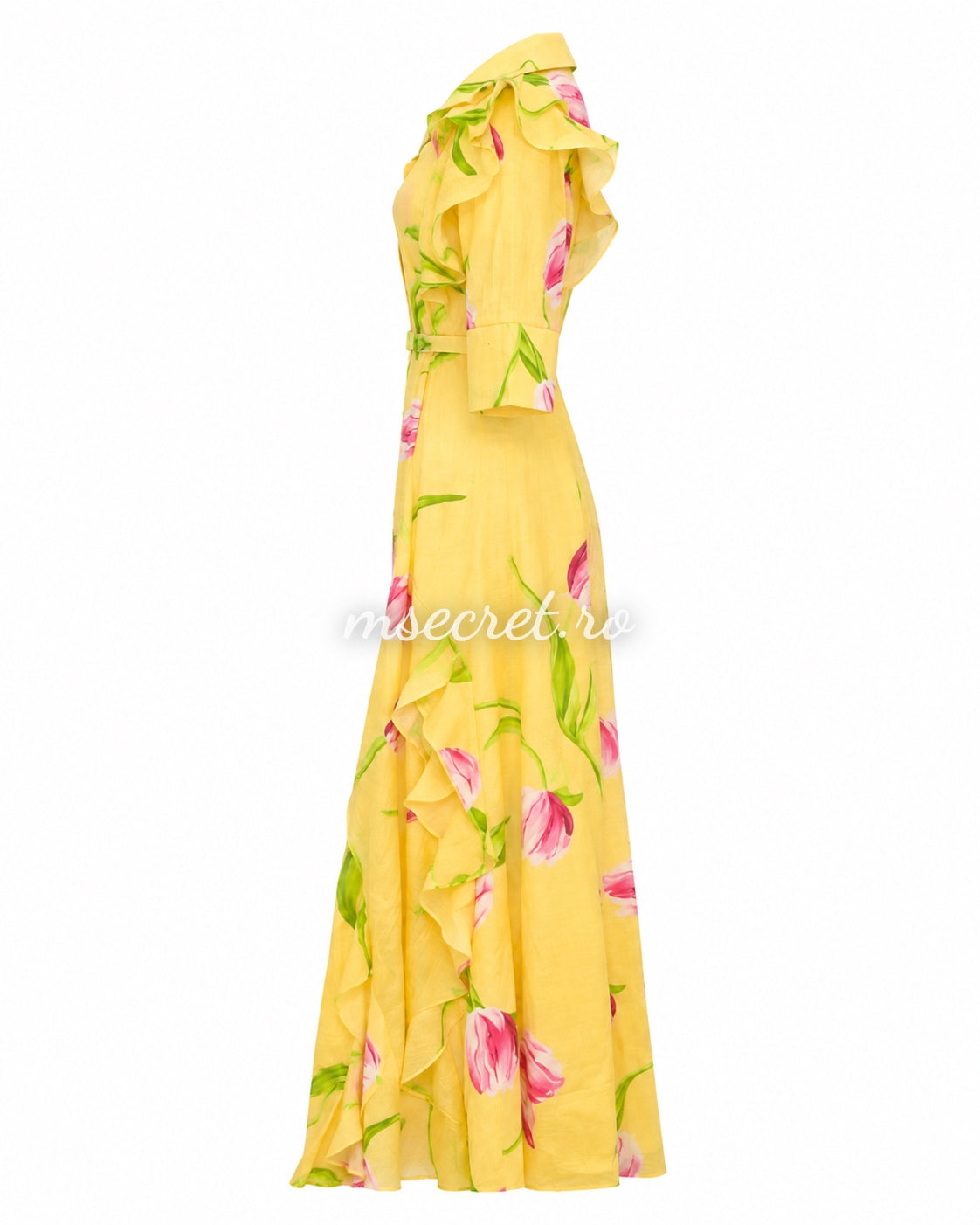 Rochie din in galbena cu print floral si volane