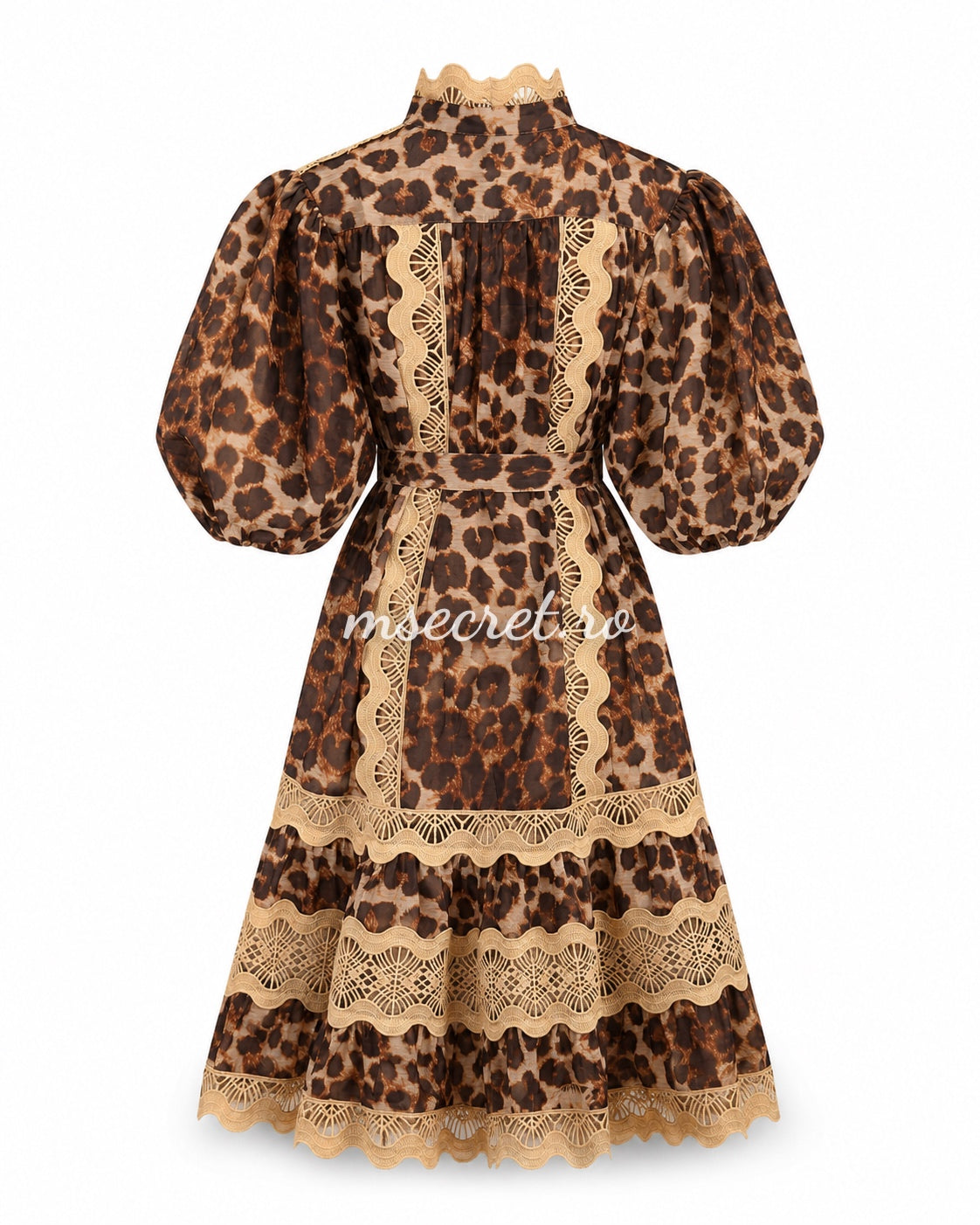 Animal print dress with gold embroidery and puff sleeves