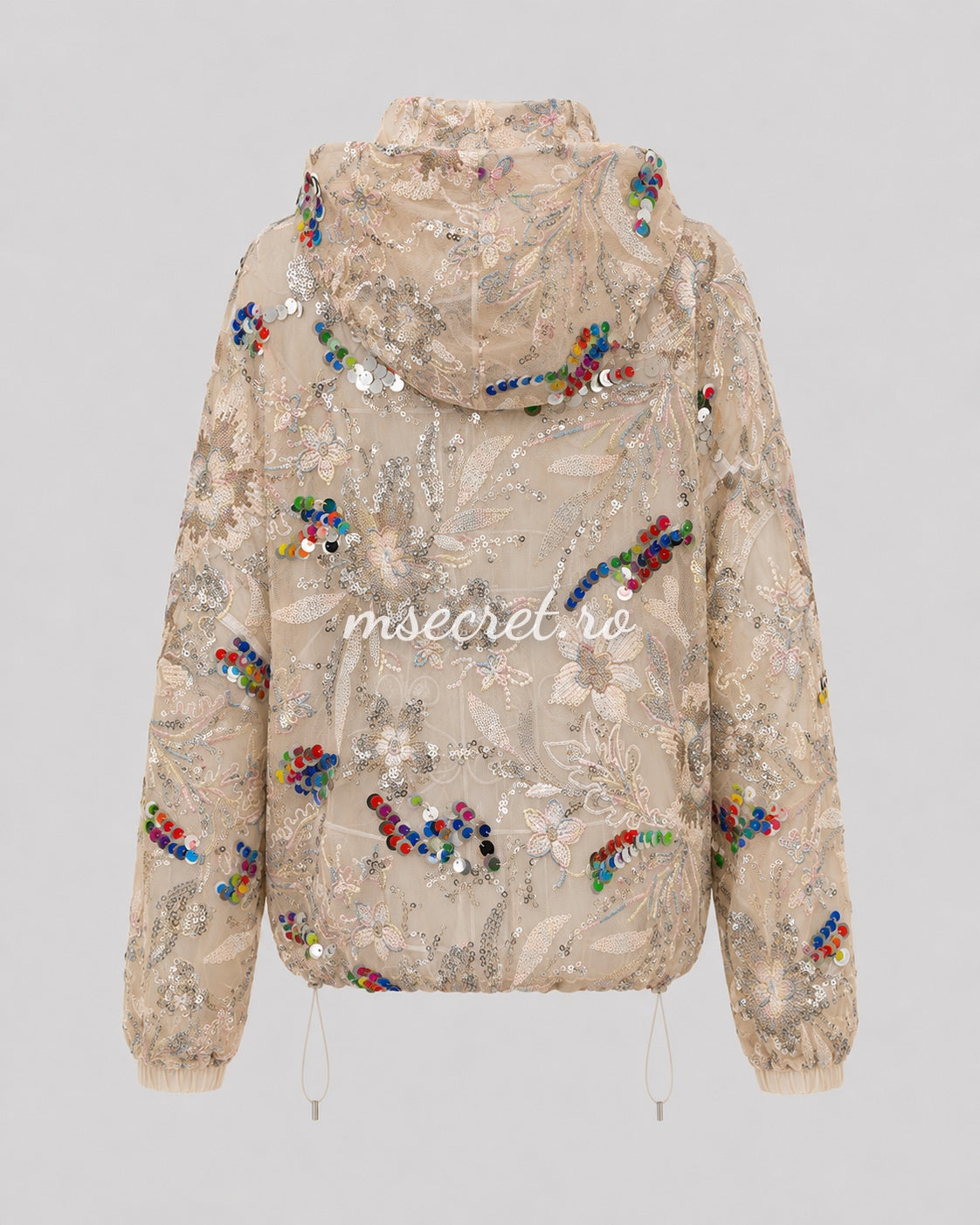 Jacheta bej cu broderie florala si paiete multicolore