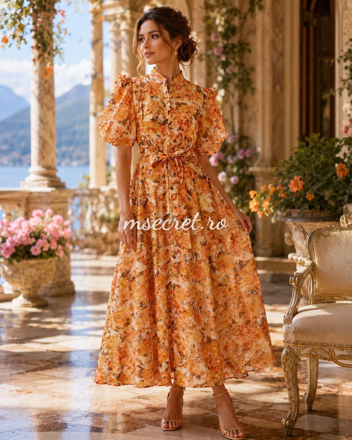 Rochie din in cu imprimeu floral orange si maneci bufante